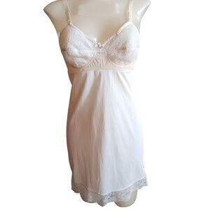 Vintage 34B Slip Dress White Lace Trim Sheer Bodice Mesh Web Warners 1960's Glam